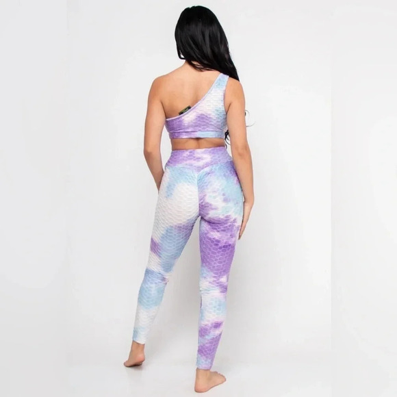 PURPLE TYE DIE FITNESS ACTIVE WEAR 2PC SET ONE SHOULDER TOP Size S New With Tags - Picture 2 of 3